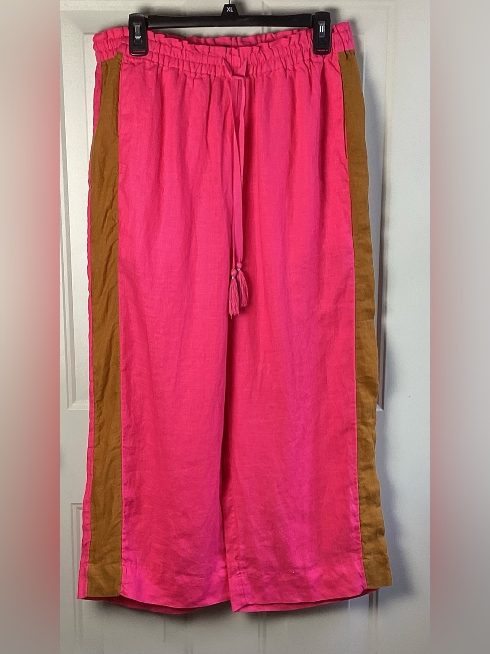 J. Crew Hot Pink wide leg linen pants with Brown Side Panels